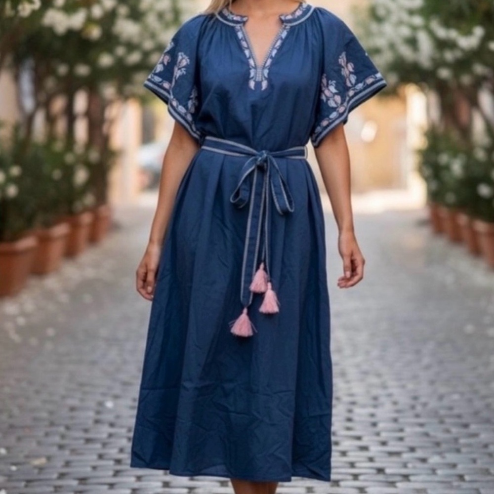 Blue Embroidered V-Neck Midi Dress with Tassel Belt